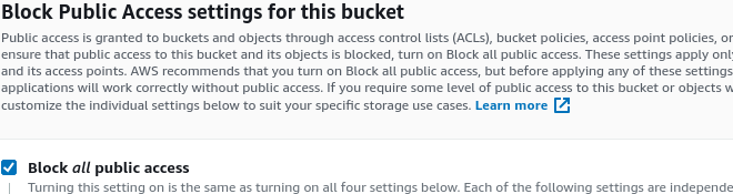 Amazon S3 -> Create bucket : no public access!